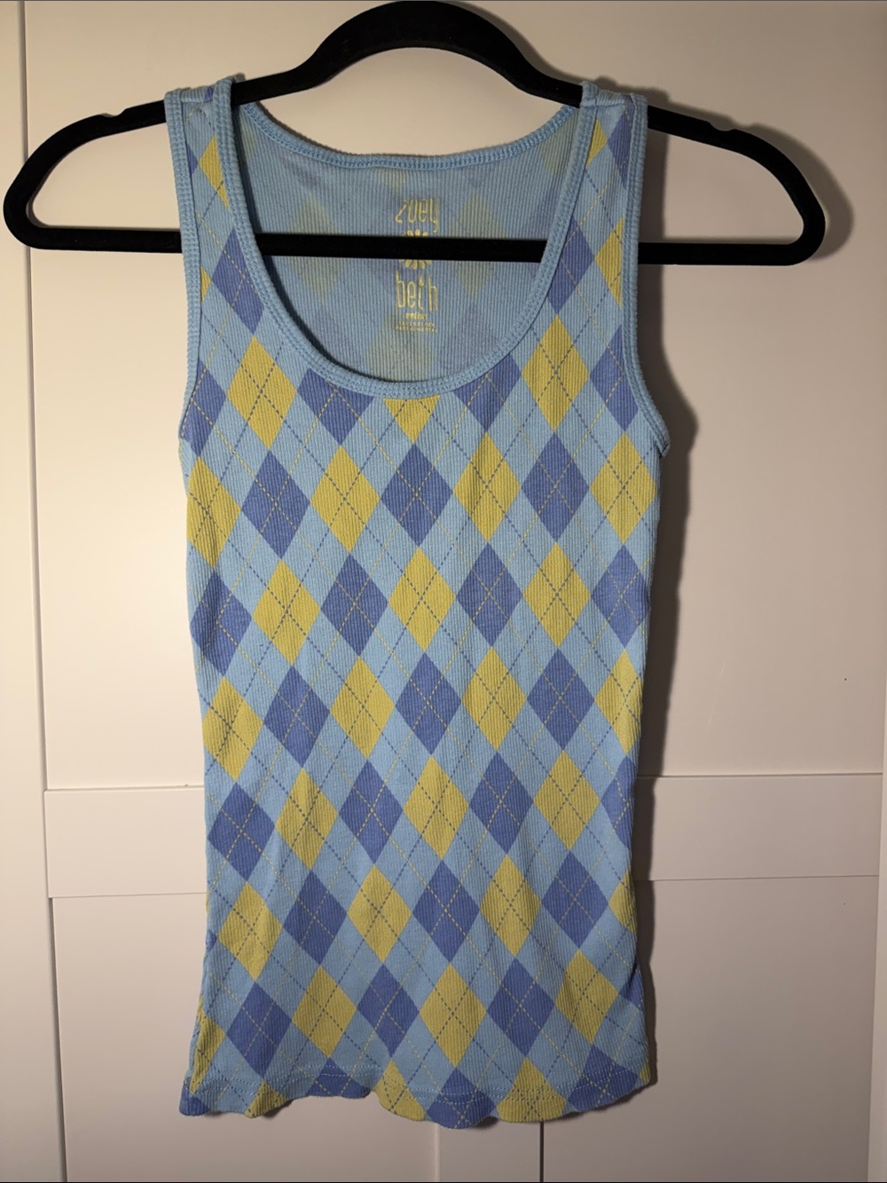 Light Blue Argyle Ribbed Tank Top with Yellow & Blue Diamond Pattern